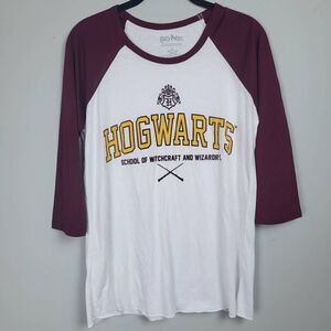 Harry Potter Womens Hogwarts School Tee Large White Maroon Wizard Semi Sheer